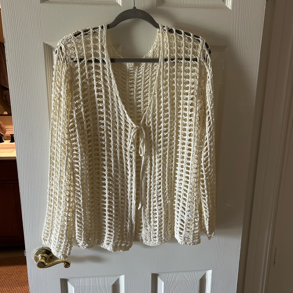 Cream Open-Knit Tie-Front Sweater Cardigan